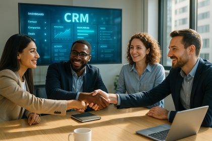 Groupe de professionnels souriants autour d'une table moderne