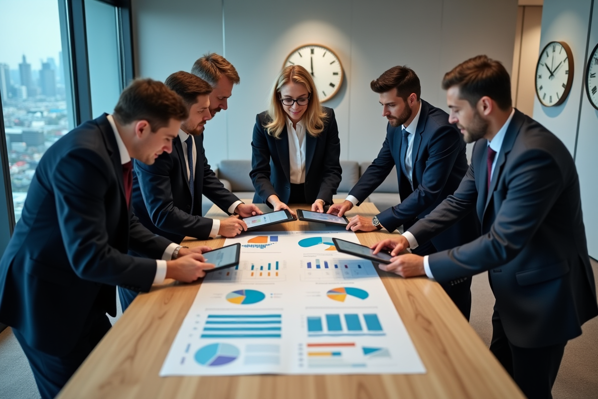 Groupe de professionnels en réunion d'affaires dans une salle moderne
