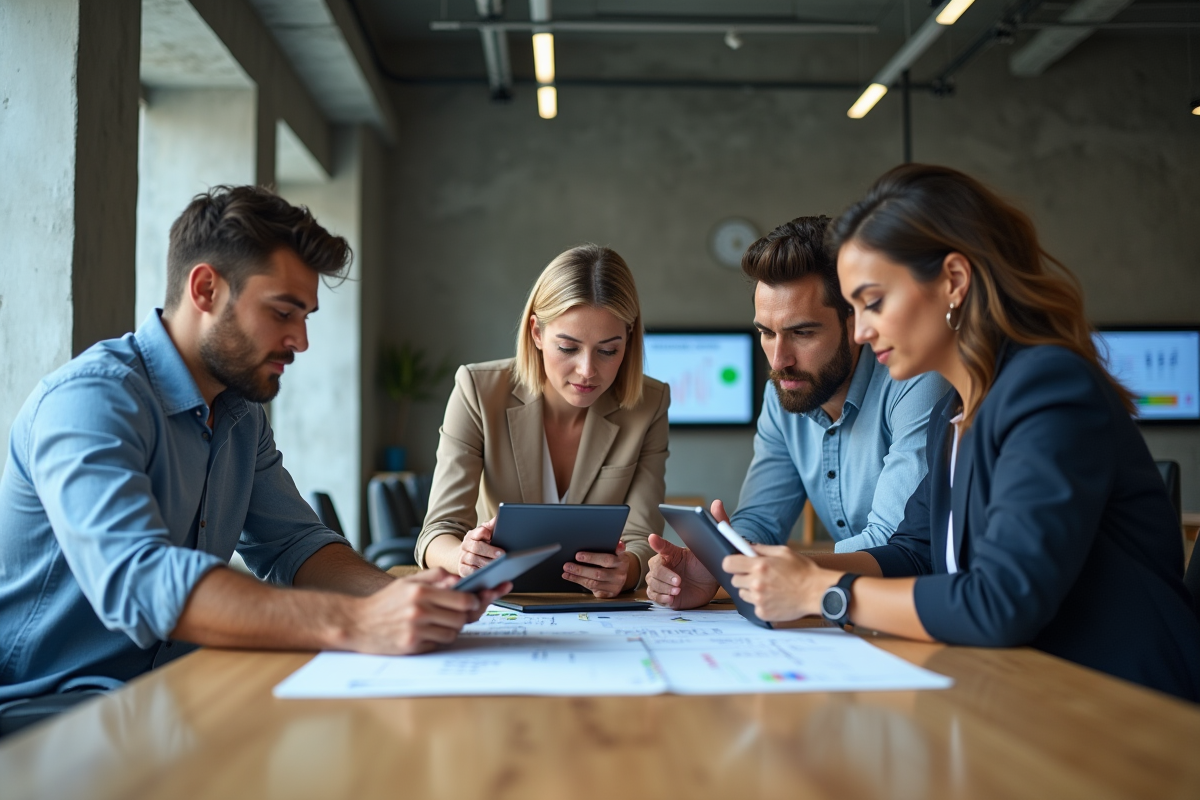 Groupe diversifié collaborant sur un projet digital en réunion