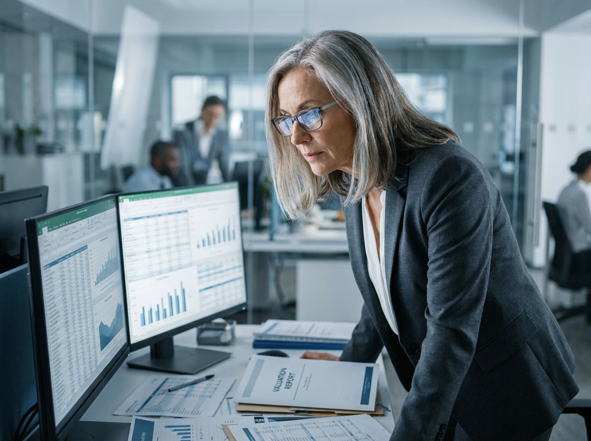 Experte financière analysant un rapport d'évaluation d'apports en nature pour une création d'entreprise