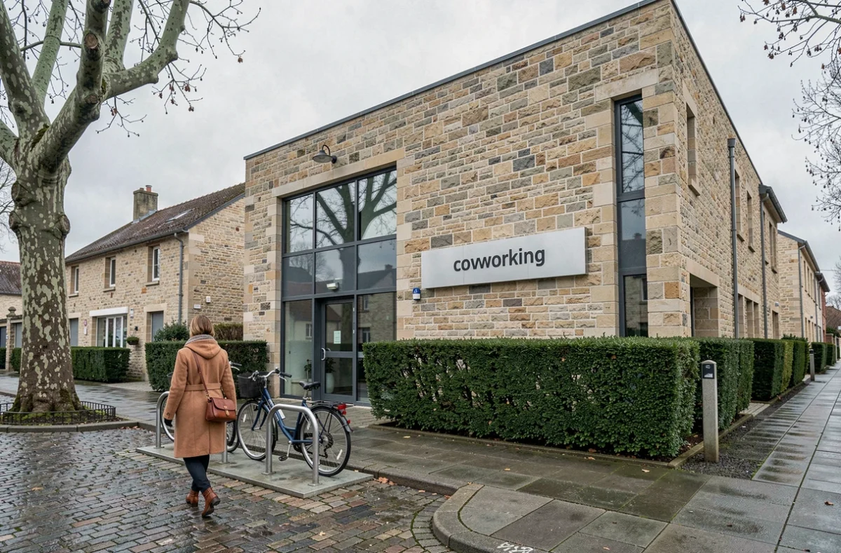Façade extérieure d'un espace de coworking dans une ville des Yvelines, avec une professionnelle entrant dans le bâtiment rénové