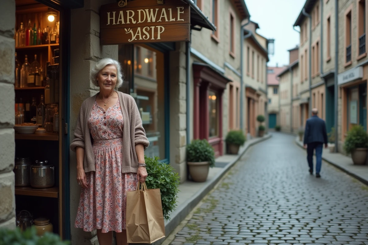 Façade d'une petite quincaillerie de brique dans une rue pavée d'une ville du Nord de la France années 1950, rappelant les débuts modestes de l'enseigne Leroy Merlin