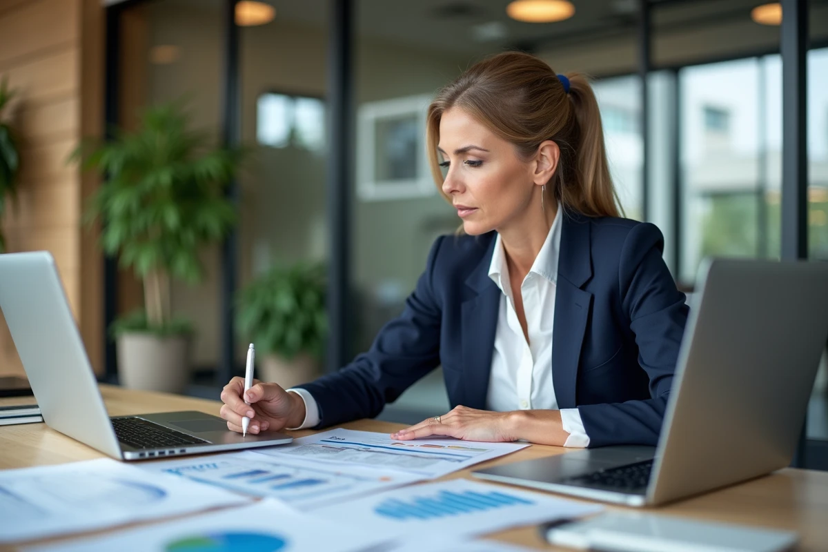 Femme d'affaires analysant des documents d'assurance entreprise dans un bureau moderne