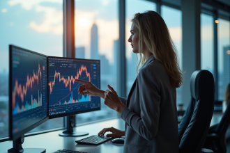 Femme d'affaires analysant des graphiques boursiers colorés