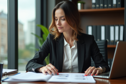 Femme d'affaires au bureau en train de taper sur un ordinateur