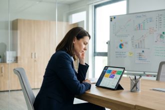 Femme d'affaires en costume bleu examinant un logiciel ERP