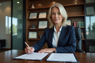 Femme d affaires en tailleur navy dans un bureau moderne