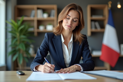 Femme d affaires signant des documents dans un bureau français