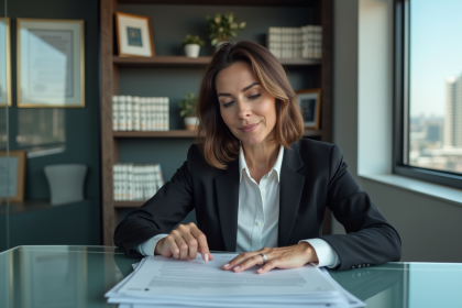 Femme d'affaires examinant des documents de propriété intellectuelle