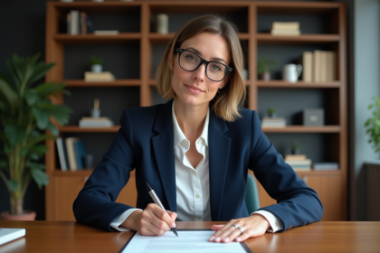 Femme d'affaires signant un contrat dans un bureau moderne