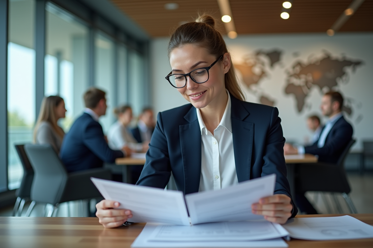 Femme d'affaires en réunion avec documents WTO