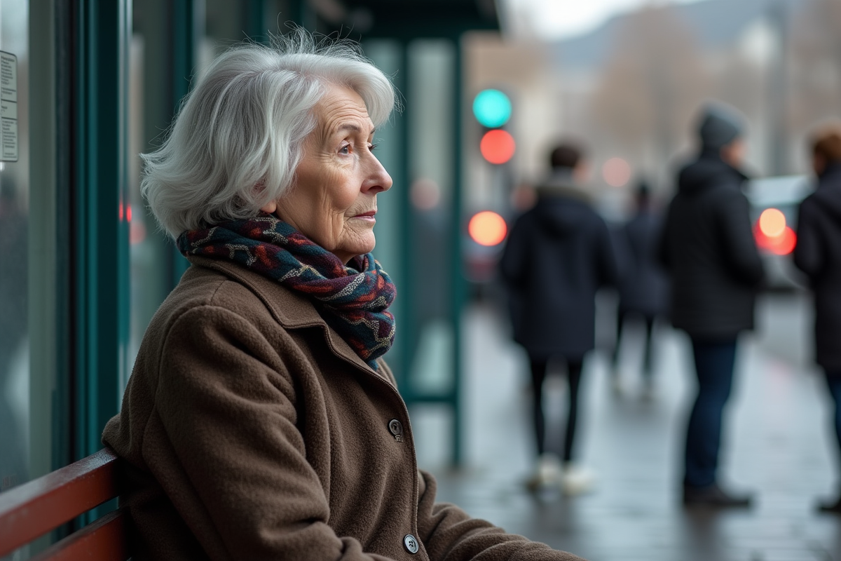 Femme agee assise a un arrêt de bus en ville