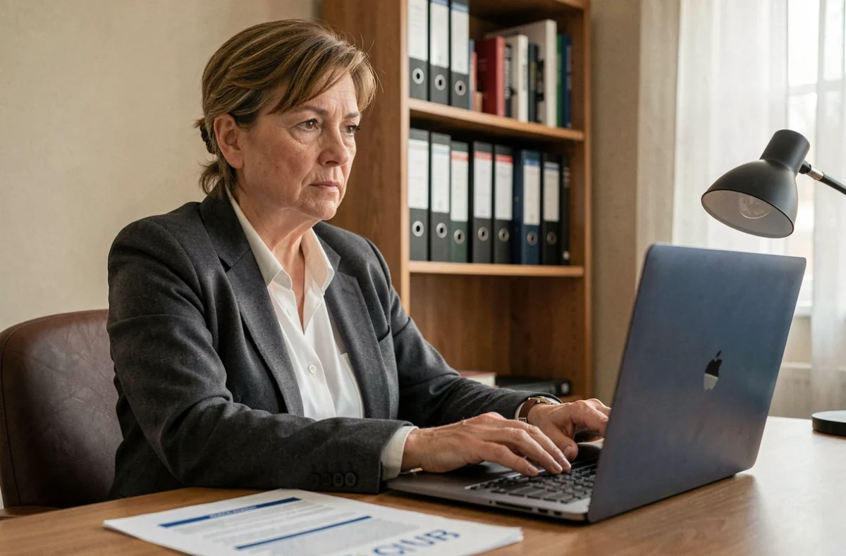 Femme agent de La Poste accédant au portail RH GTm Extranet depuis son bureau à domicile avec un laptop