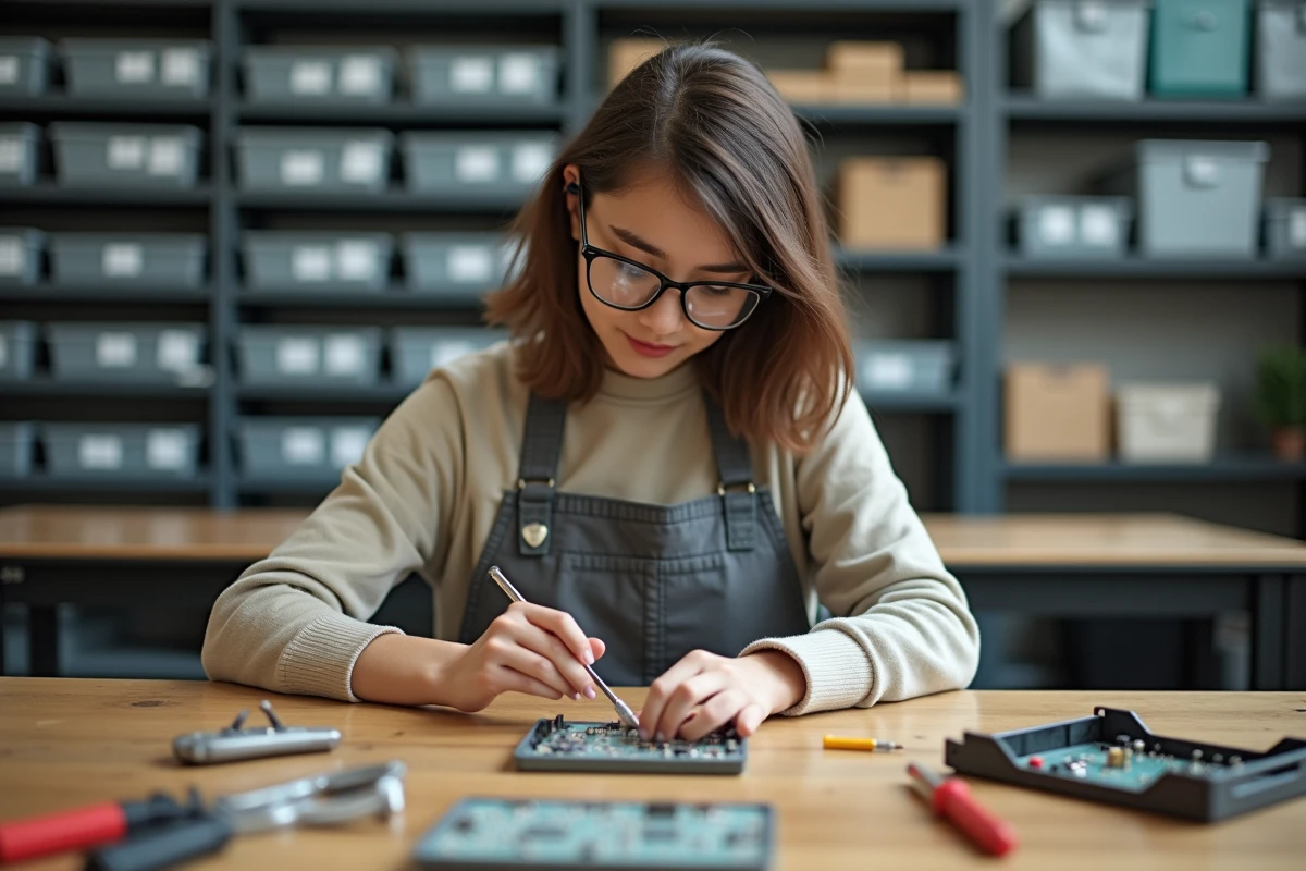 Femme assemblant un circuit électronique en atelier associatif avec tournevis de précision et équipements pédagogiques