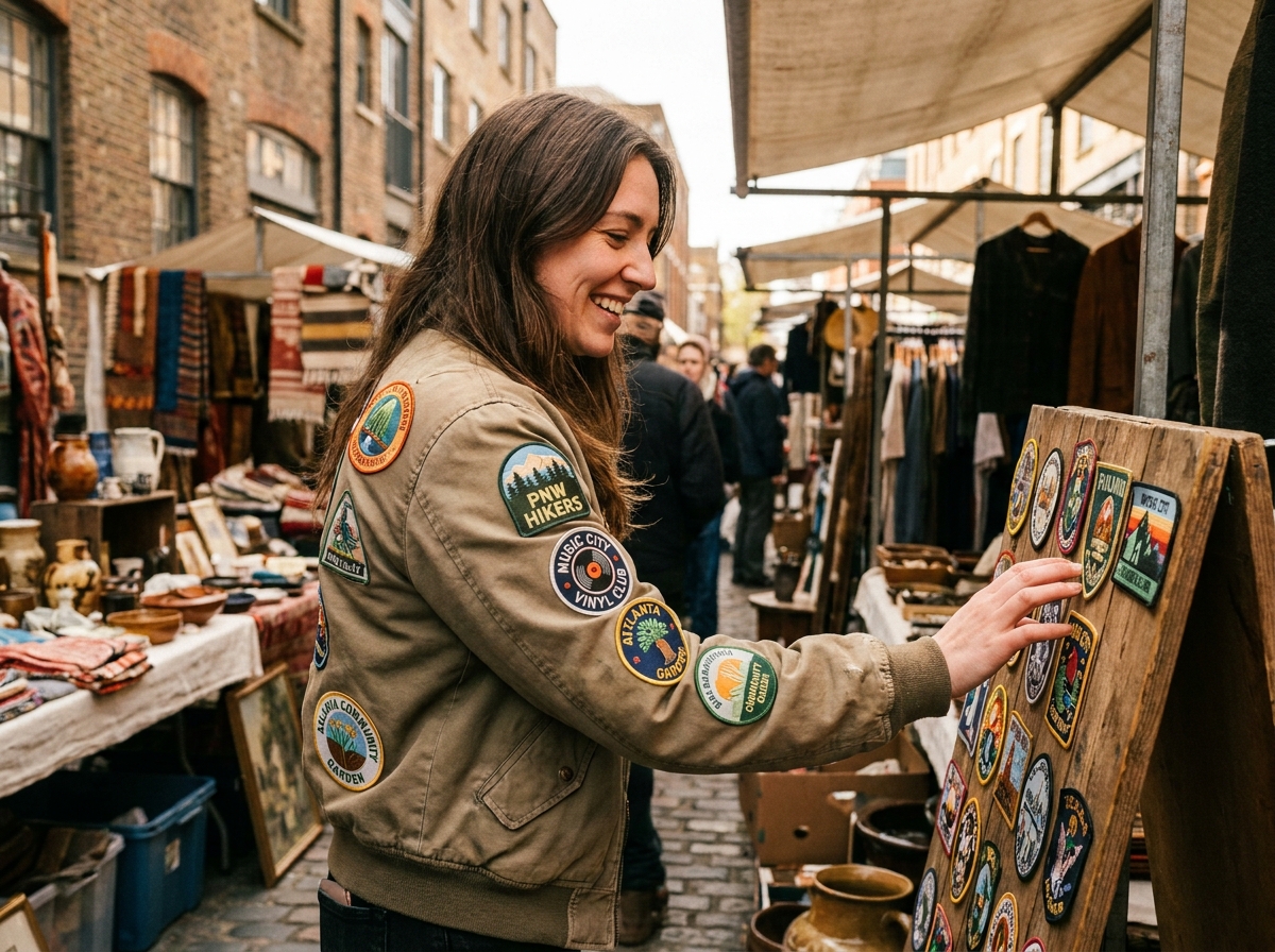 Jeune femme portant un bomber jacket orné de patchs de clubs et associations dans un marché urbain