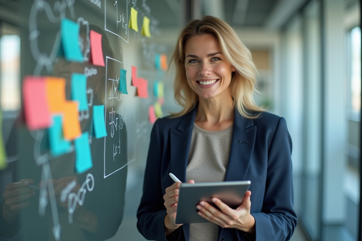 Femme confiante devant un mur de brainstorming créatif