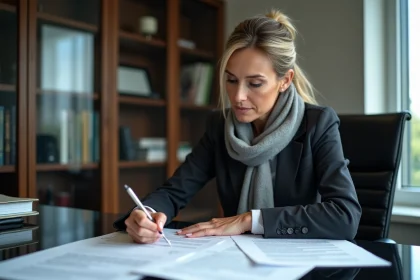 Femme d'âge moyen en blazer dans un bureau moderne
