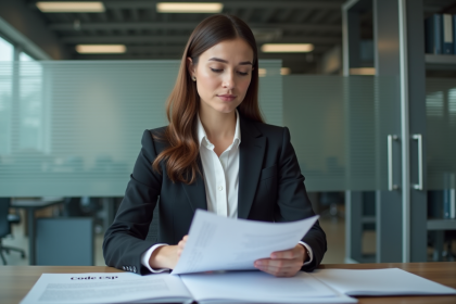 Femme professionnelle examinant des documents Code CSP au bureau