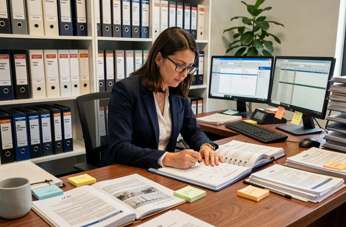 Professionnelle annotant un dossier de construction technique réglementaire dans un bureau organisé rempli de classeurs et documents officiels
