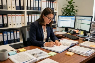 Professionnelle annotant un dossier de construction technique réglementaire dans un bureau organisé rempli de classeurs et documents officiels