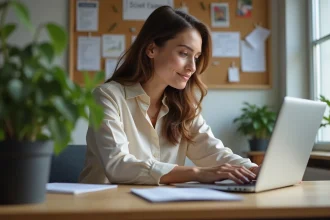 Femme en bureau moderne travaillant sur son ordinateur portable