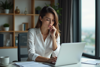 Femme en bureau moderne consulte documents et ordinateur
