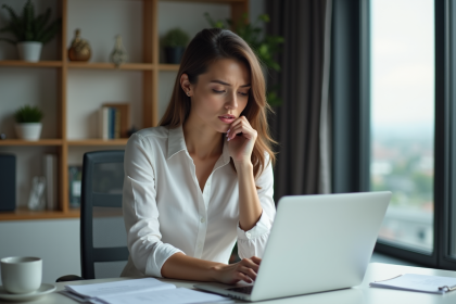 Femme en bureau moderne consulte documents et ordinateur