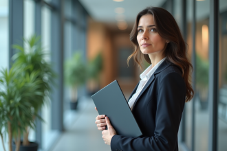 Femme en tenue professionnelle dans un bureau moderne