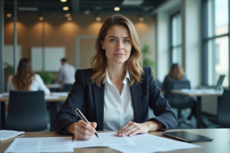 Femme en bureau tenant une plainte légale, expression préoccupée