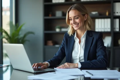 Femme en bureau moderne préparant des documents officielles