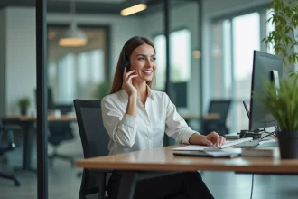 Femme en blouse professionnelle au bureau moderne