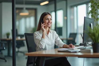 Femme en blouse professionnelle au bureau moderne