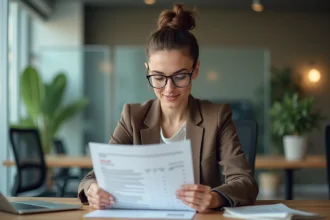 Femme d'affaires examine un rapport de paie dans un bureau moderne