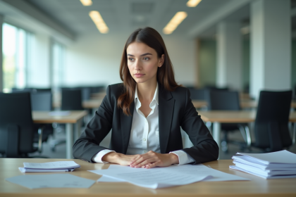 Jeune femme au bureau en réflexion dans un espace moderne