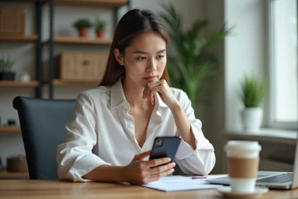 Jeune femme concentrée avec smartphone au bureau