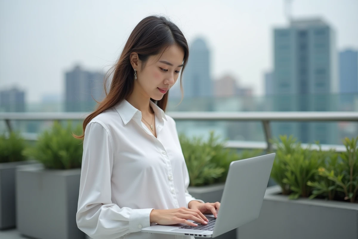 Jeune femme travaillant sur un ordinateur sur un toit urbain