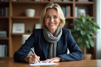 Femme d'affaires signant une carte de remerciement dans un bureau