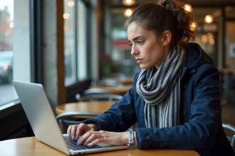 Jeune femme au café travaillant sur son ordinateur portable