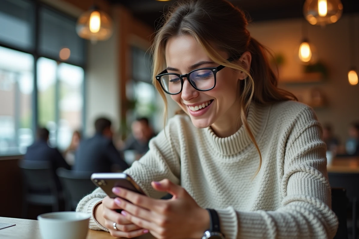 Femme au café consultant ses statistiques sur smartphone