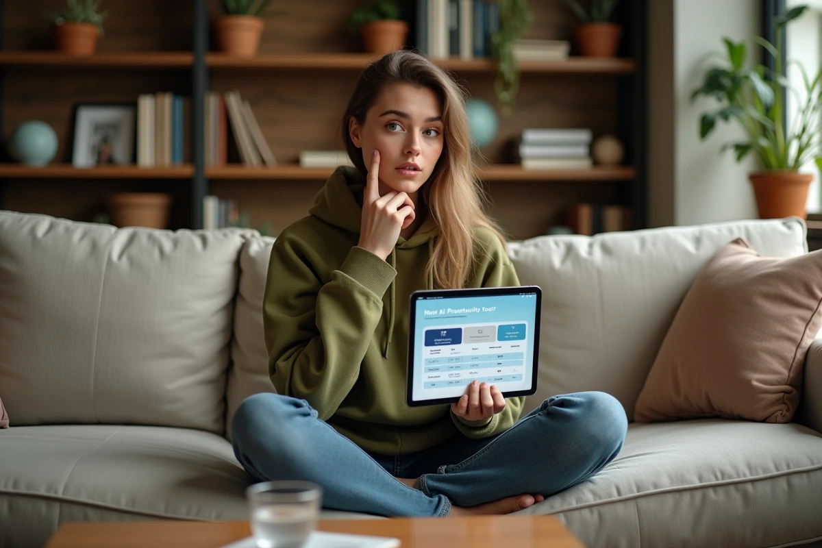Jeune femme coach comparant les tarifs d'outils IA sur une tablette depuis son studio à domicile