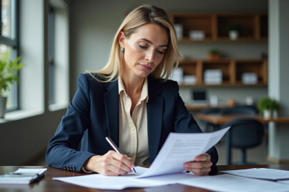 Femme professionnelle examine un contrat dans un bureau moderne