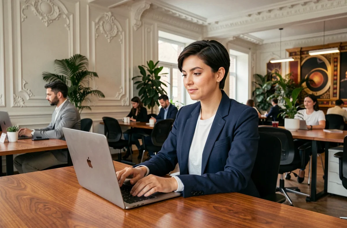Femme travaillant dans un espace de coworking aménagé dans un ancien casino avec une décoration vintage et un mobilier moderne