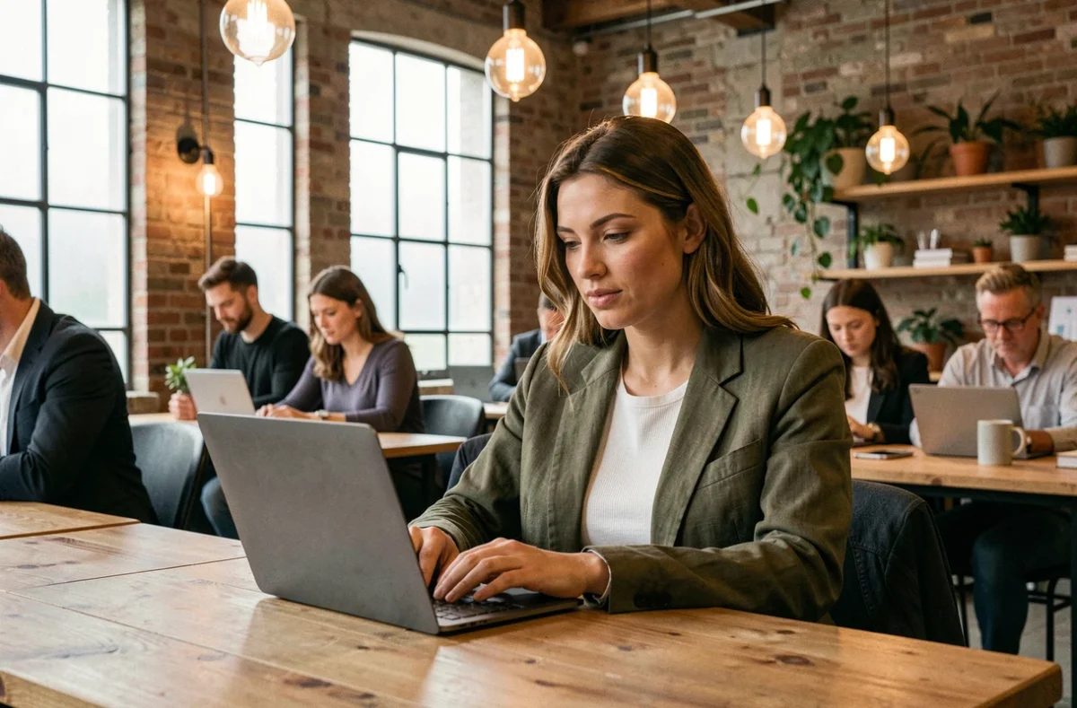 Femme travaillant dans un espace de coworking moderne dans les Yvelines, assise à un bureau en bois partagé avec un laptop ouvert