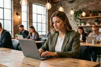 Femme travaillant dans un espace de coworking moderne dans les Yvelines, assise à un bureau en bois partagé avec un laptop ouvert