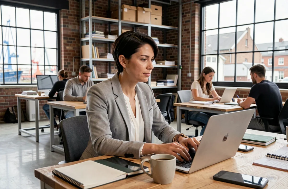 Femme travaillant dans un espace de coworking moderne au Havre avec bureaux partagés en bois et murs en briques apparentes