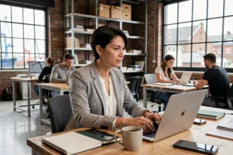 Femme travaillant dans un espace de coworking moderne au Havre avec bureaux partagés en bois et murs en briques apparentes