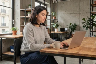 Femme travaillant dans un espace de coworking moderne à Vanves, assise à un bureau en bois avec un ordinateur portable