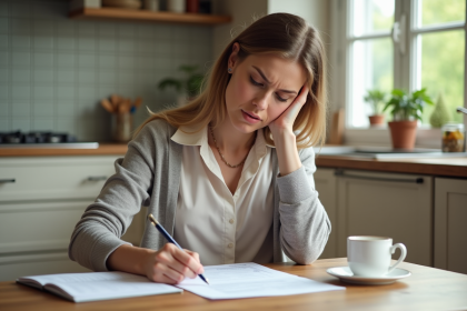 Femme en cuisine remplissant une demande de congé