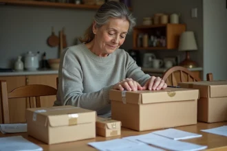 Femme d'âge moyen emballant des cartons à la maison