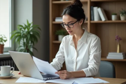 Femme entrepreneur consultant des documents officiels avant de créer son entreprise sur Pappers